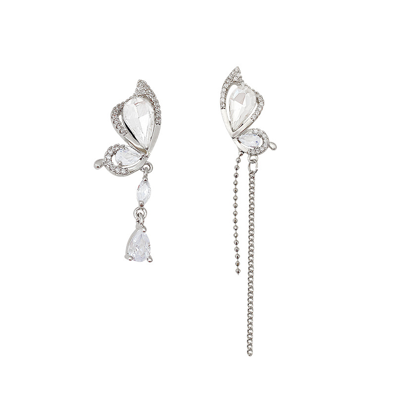 S925 Silver Needle Asymmetrical butterfly zirconia tassel earrings, a niche design with a high-end feel, are long and popular earrings on the Internet Item Picture