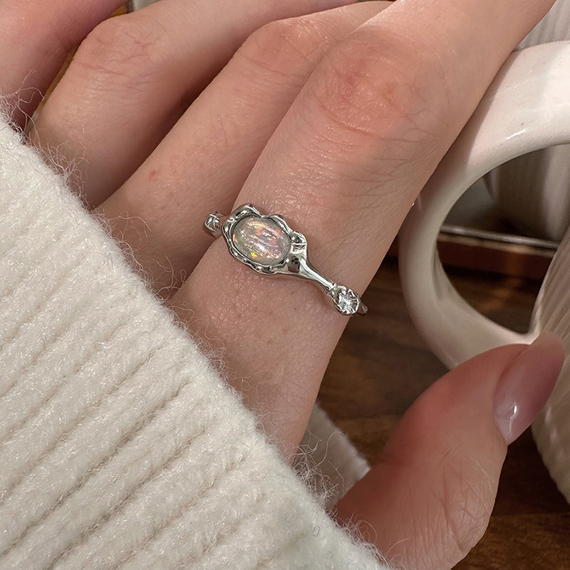 Opal colored small diamond ring for women's combination style, cold style, fashionable, individual, versatile and high-end index ring new style details Picture