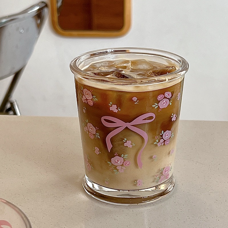 Original French rose glass cup, bow floral cold brew cup, couple milk cup, coffee breakfast cup with a girlish heart details Picture