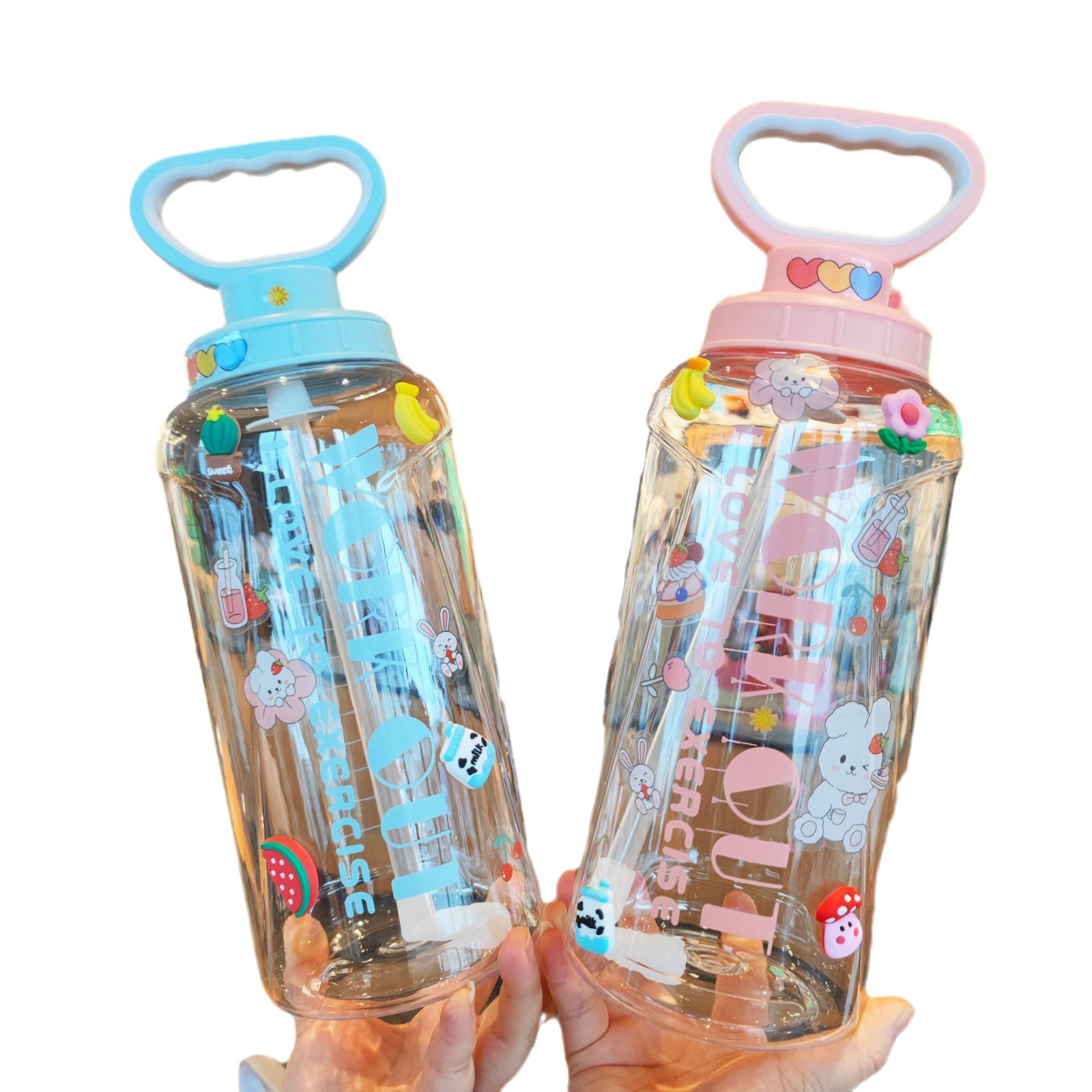 1800ml summer simple new outdoor sports and fitness portable handle water bottle with large capacity straw bell water cup Item Picture