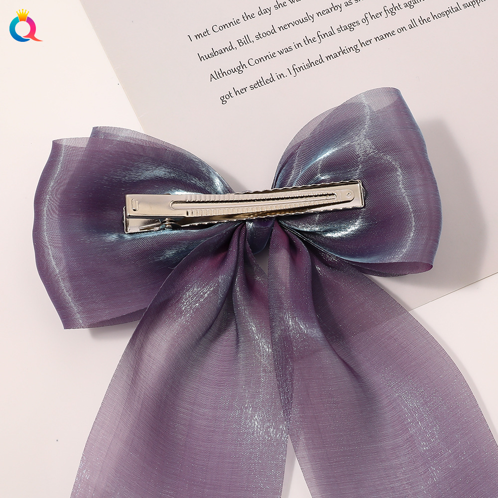 New Qiyue Korean version ribbon bow hair clip, long shiny yarn bun hair clip, duckbill clip, edge clip hair accessory Application Scenario