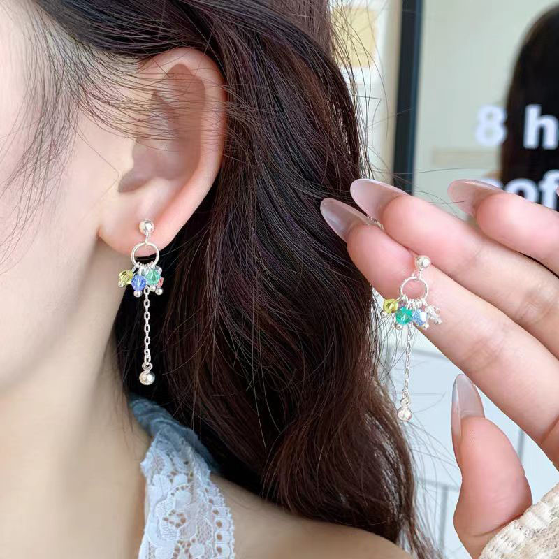 Fashionable bestsellers, colorful crystal tassel earrings, a niche and high-end feel, dopamine light luxury stud earrings, elegant and versatile earrings Specification drawing
