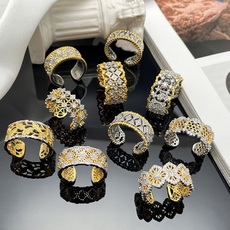European and American retro Italian hollowed-out lace opening ring, a unique, irregular, elegant and high-end ring for women Specification drawing