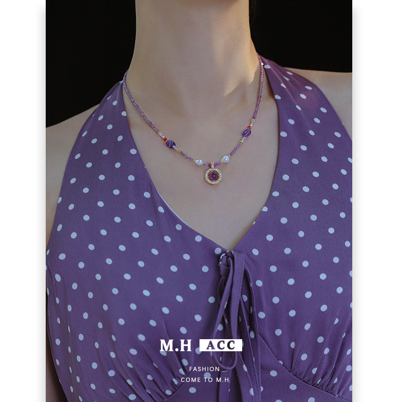 Selected amethyst zircon necklace for women, 2025 new style, light luxury, niche, fashionable and high-end beaded collarbone necklace Specification drawing