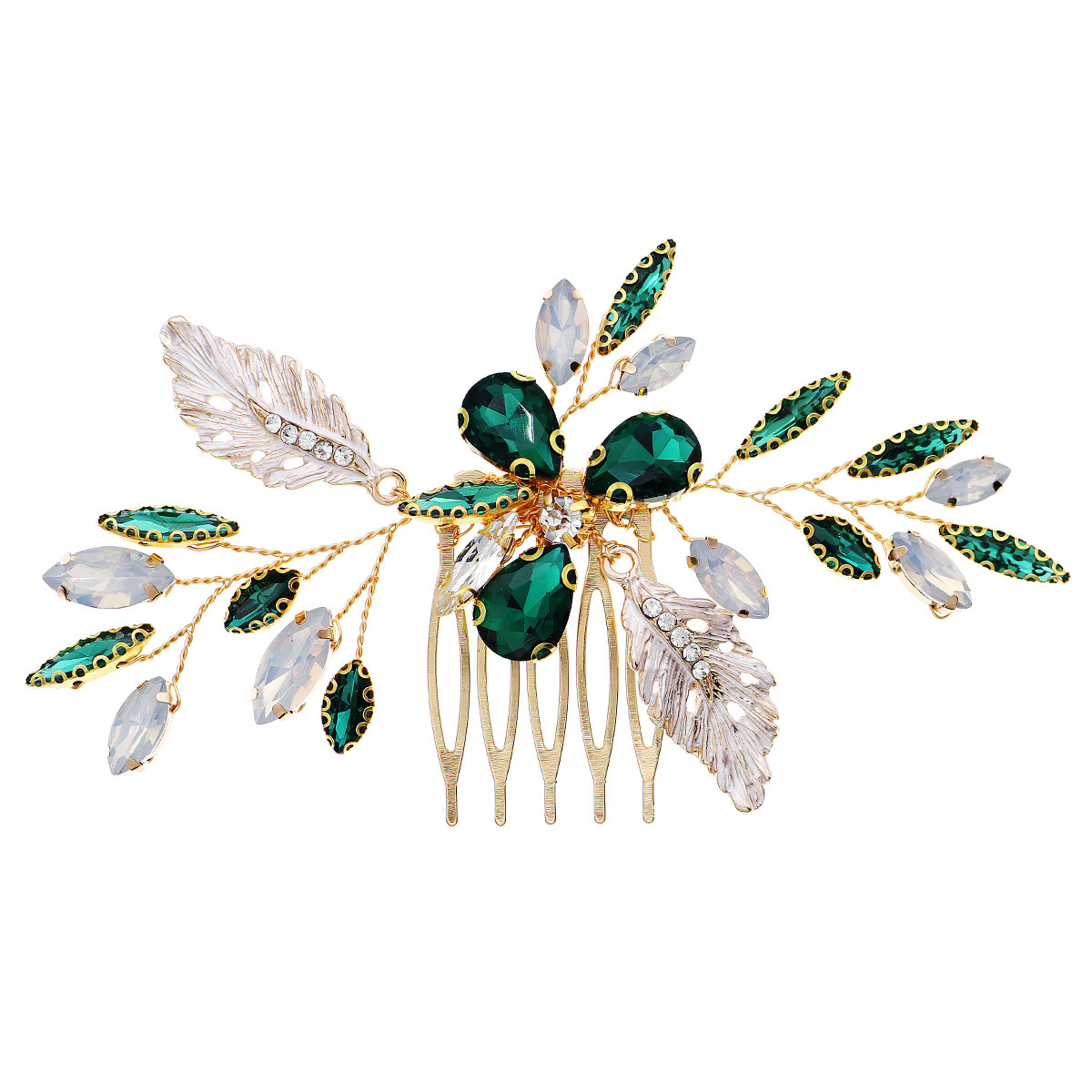 European and American cross-border water diamond bride hair comb, versatile green crystal headwear, five-toothed insert comb, wedding banquet hair accessory Item Picture