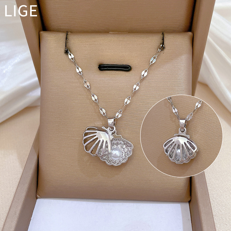 【 Titanium Steel 】 Light luxury full diamond slightly inlaid zircon perforated shell pearl necklace, copper-plated real gold pendant, ins style Specification drawing