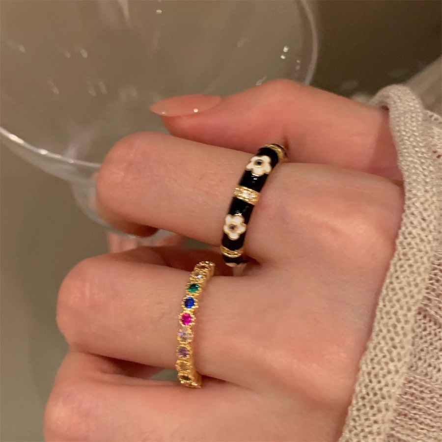 French retro colored zircon black drip glaze flower ring, a unique and high-end female, versatile and exquisite open ring details Picture