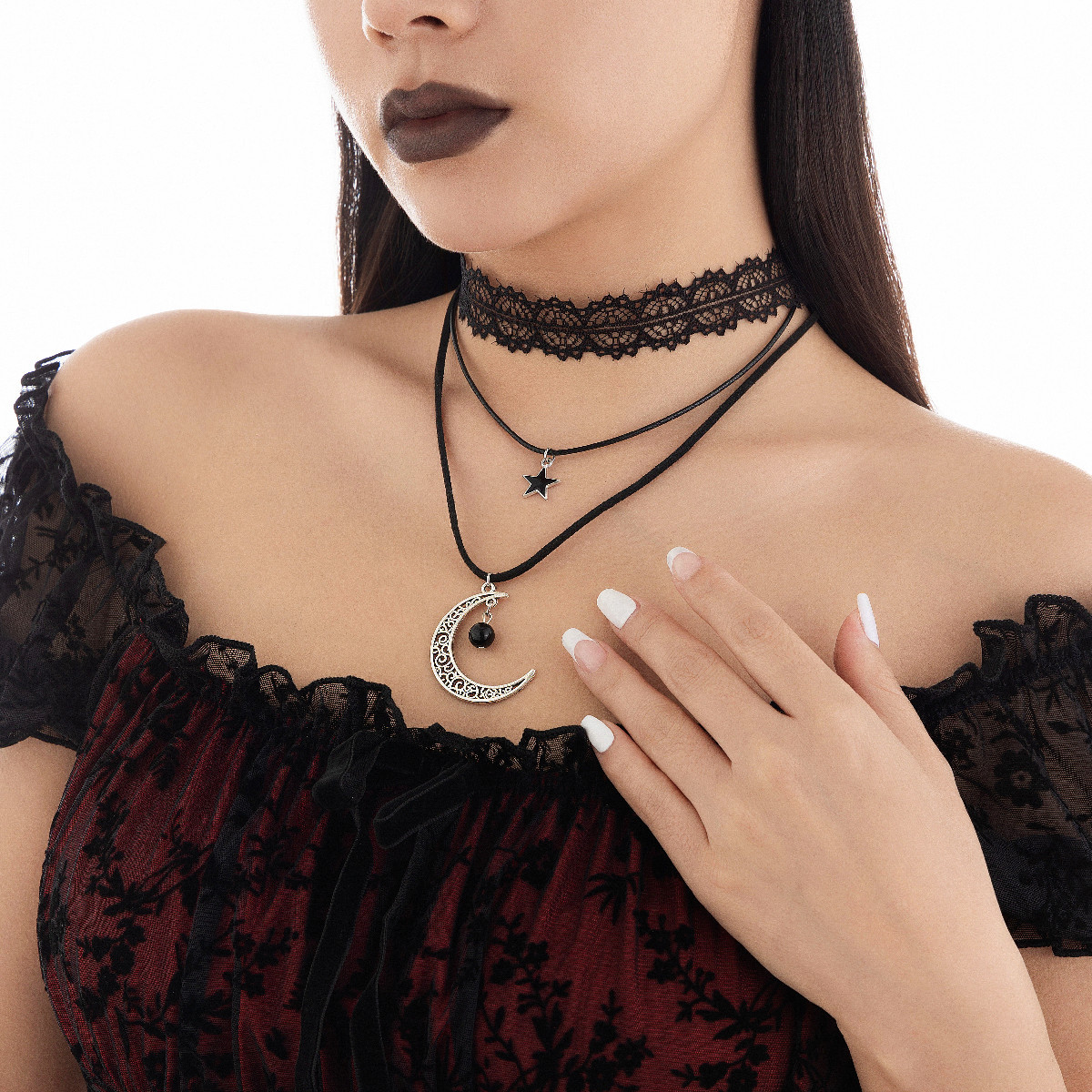 European and American cross-border accessories, court-style Lolita lace necklace, Halloween retro multi-layer collarbone chain for women details Picture