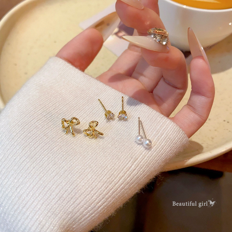 Korean style elegant bow pearl stud earrings, fashionable, exquisite and small six-piece set earrings, high-end earrings wholesale Specification drawing