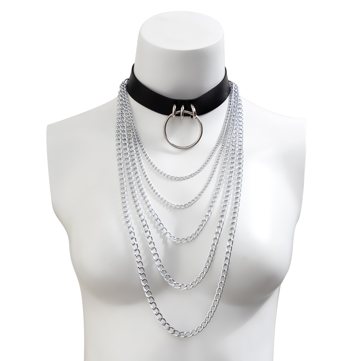 European and American cross-border jewelry, sweet and cool metal ring leather choker necklace, cross collar, sword-shaped punk necklace Item Picture