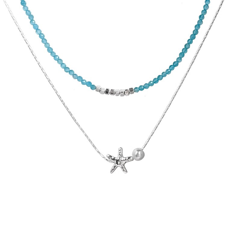 Starfish pearl Silver necklace, a unique design for women, double-layered beaded collarbone chain, a fashionable and versatile neck accessory Item Picture