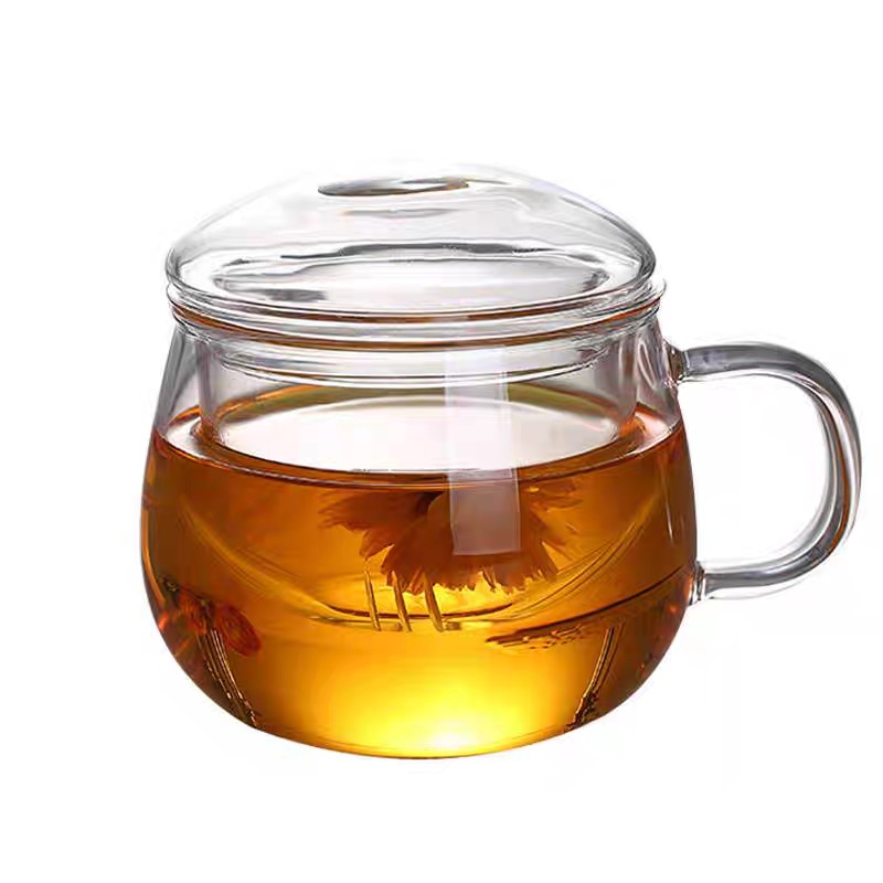 High borosilicate glass tea brewing cup, thickened with lid and handle, household tea water separation with filter, office cup, flower tea cup Item Picture