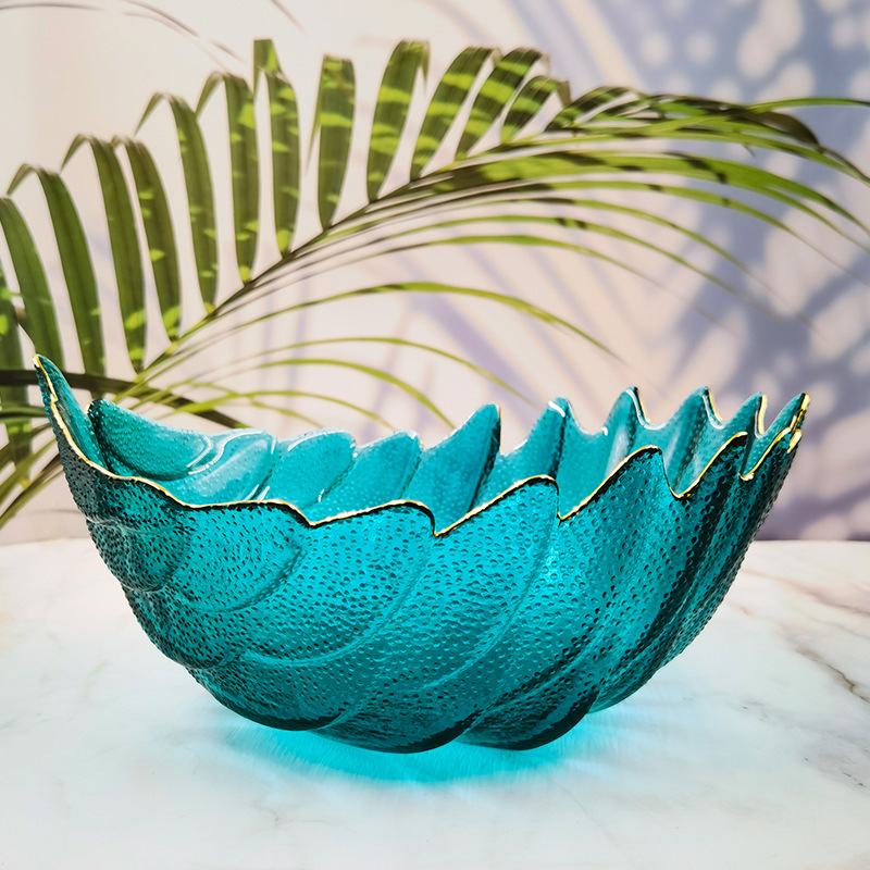 Creative golden-edge feather glass bowl, large fruit plate, vegetable salad bowl, Nordic-style home restaurant, candy plate, fruit details Picture