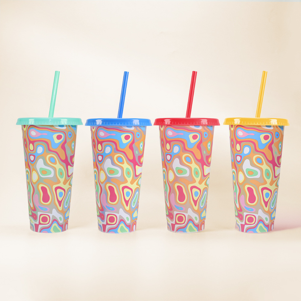 Cross-border in-stock psychedelic cup 24oz large capacity pp color-changing cup when cooled, creative high appearance level straw plastic water cup details Picture