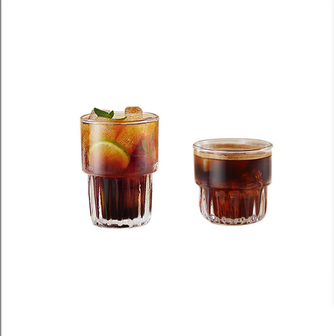 Transparent glass coffee cup, the same style as Xiaohongshu's InS-style foreign wine and beverage cup, vertical pattern household stackable water cup Item Picture