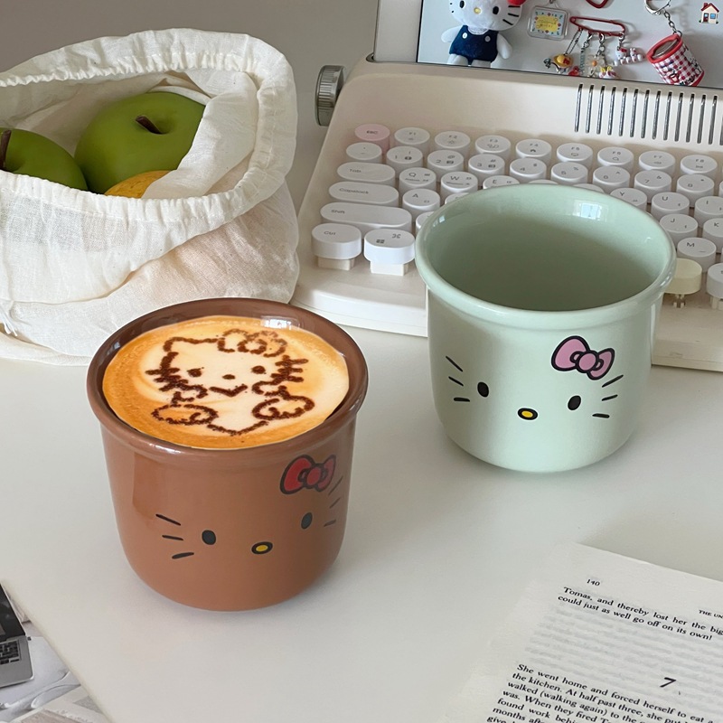 Ins-style black leather kt ceramic cups, mugs, home coffee cups, cream hellokitty girlish cups full figure