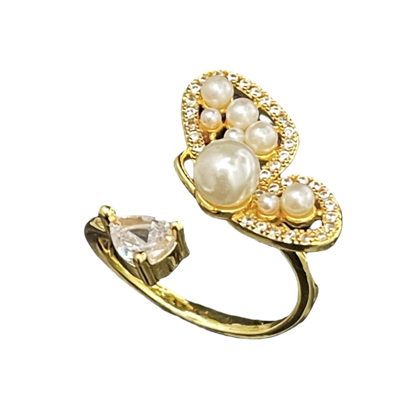 New Chinese-style national trend butterfly pearl open ring for women, cross-border sweet and cool, hollowed-out, elegant, niche and high-end ring Item Picture