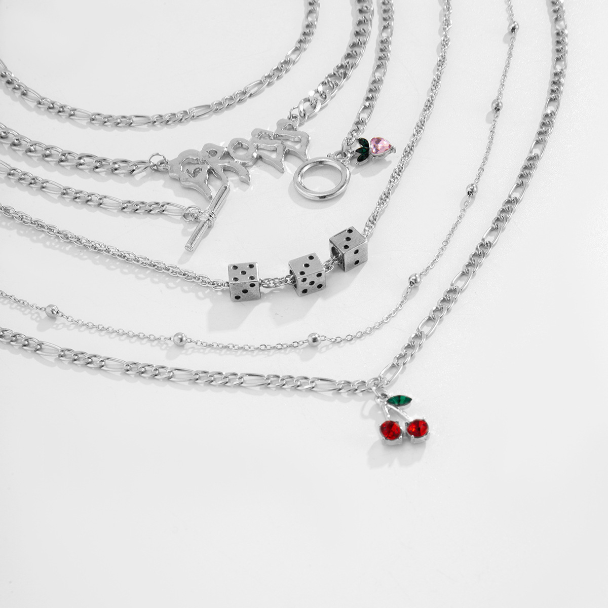 European and American cross-border jewelry, multi-element and multi-layer dice necklace, exaggerated letter cherry necklace set for women Application Scenario