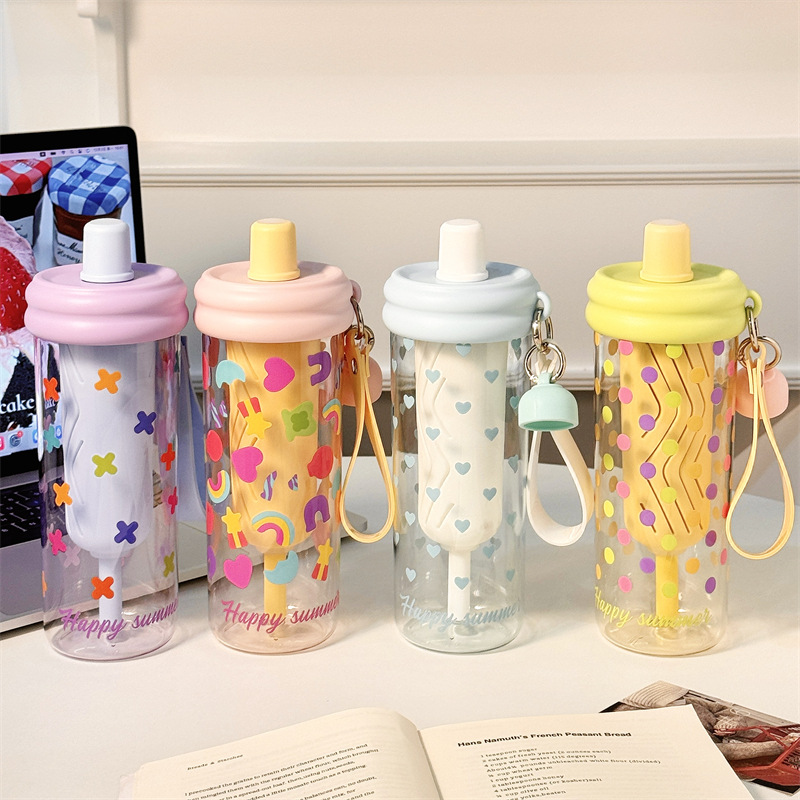 Cartoon flower tea, plastic straw cup, water cup, high appearance level for girls, ins style, cute for students, TRitan plastic water cup Specification drawing