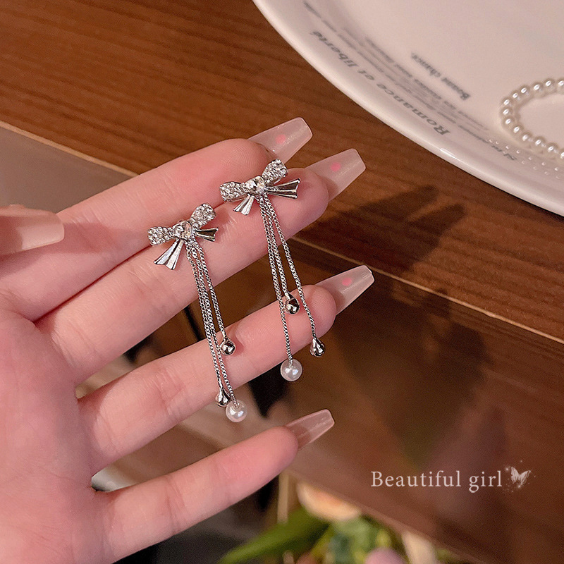 S925 Silver Needle Long Bow Pearl Earrings, women's light luxury exquisite Super shiny long Zircon stud earrings, best-selling earrings full figure