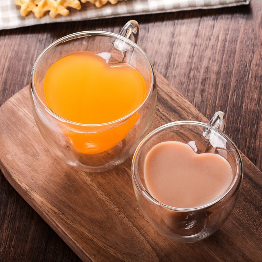 Double-layer glass cups, transparent glass water cups, creative heart-shaped glass cups, coffee cups, household high borosilicate water cups wholesale full figure