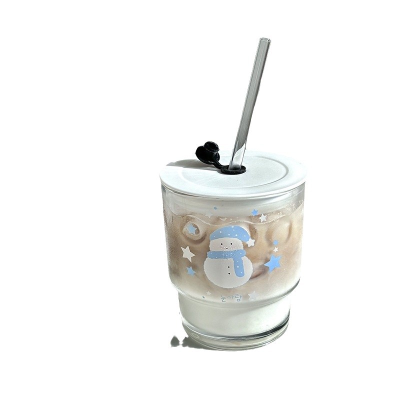 Christmas snowman glass straw cup, girl's heart water cup, student drinking cup, glass cup wholesale Item Picture