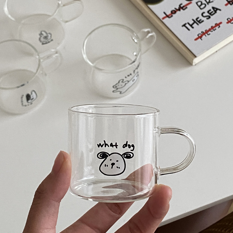Homemade simple hand-painted cartoon dog glass cups, small mini high borosilicate glass water cups, espresso cups details Picture