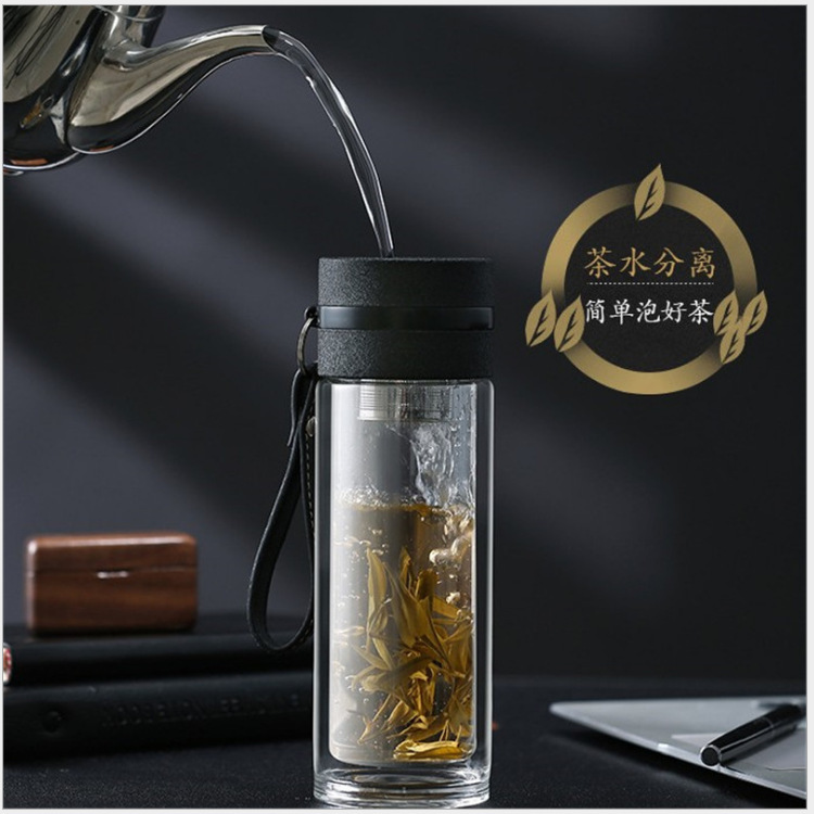 Portable double-layer glass cup with tea and water separation, transparent water cup with a hanging strap, men's business office advertising logo customization Specification drawing
