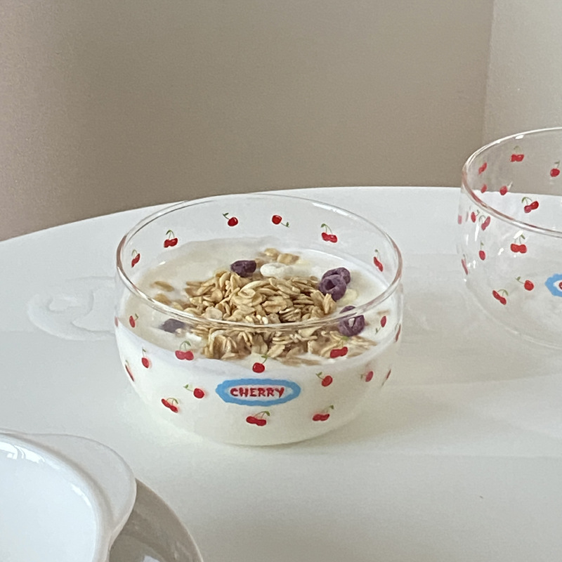 Cute and girlish red cherry dessert bowl, niche Korean ins high-temperature resistant glass bowl, yogurt cup breakfast bowl Item Picture