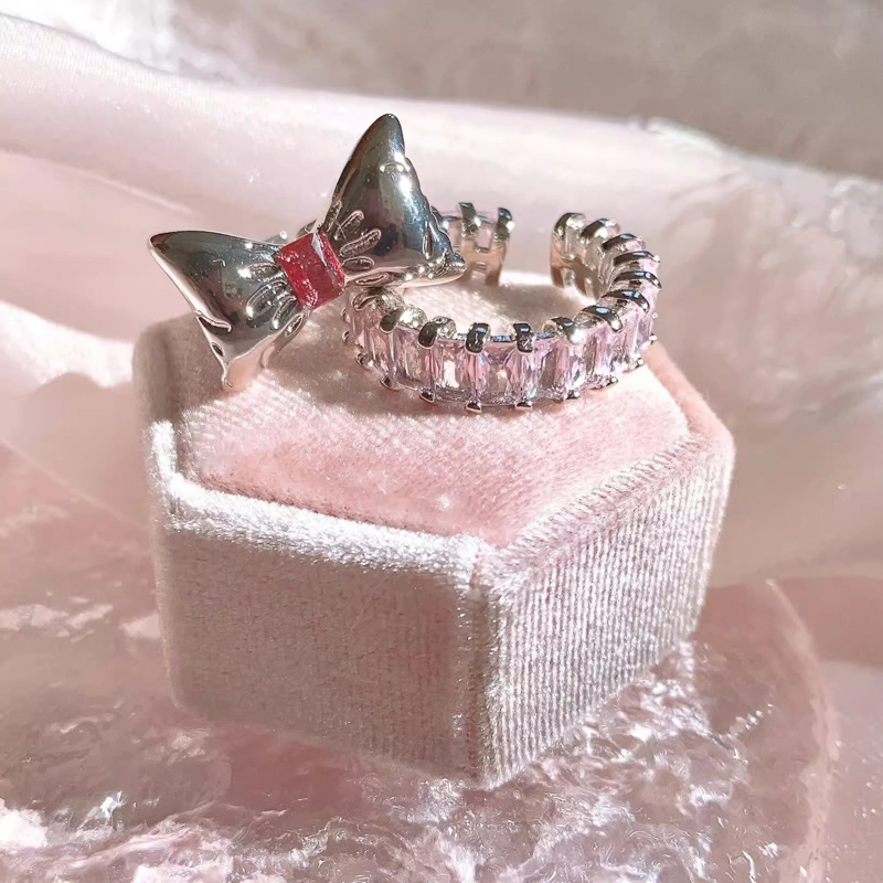 Japanese-style pink bow, pink diamond zircon ring with adjustable opening, sugar cube micro-set ring, sweet and trendy feminine jewelry full figure