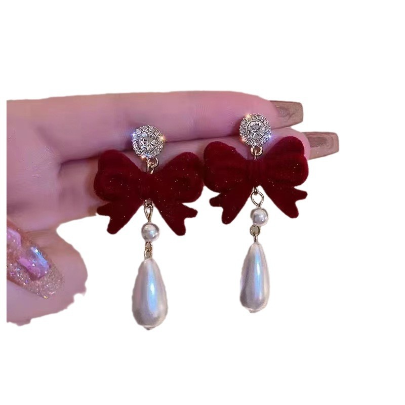 Autumn and winter long Ankela red bow velvet stud earrings for women, light luxury, high-end fashion and versatile tassel earrings Item Picture