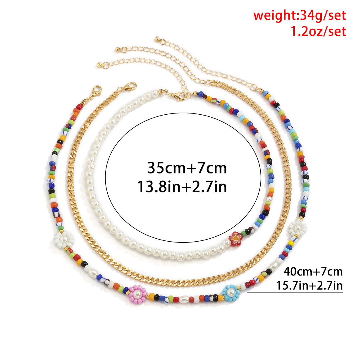 European and American cross-border jewelry, sweet and cool style color-blocking beaded metal chain necklace, ethnic style rice bead set necklace Application Scenario