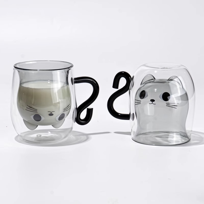 Creative cartoon cat double-layered cup, household large-capacity drinking cup with handle, transparent high-temperature resistant glass coffee cup full figure