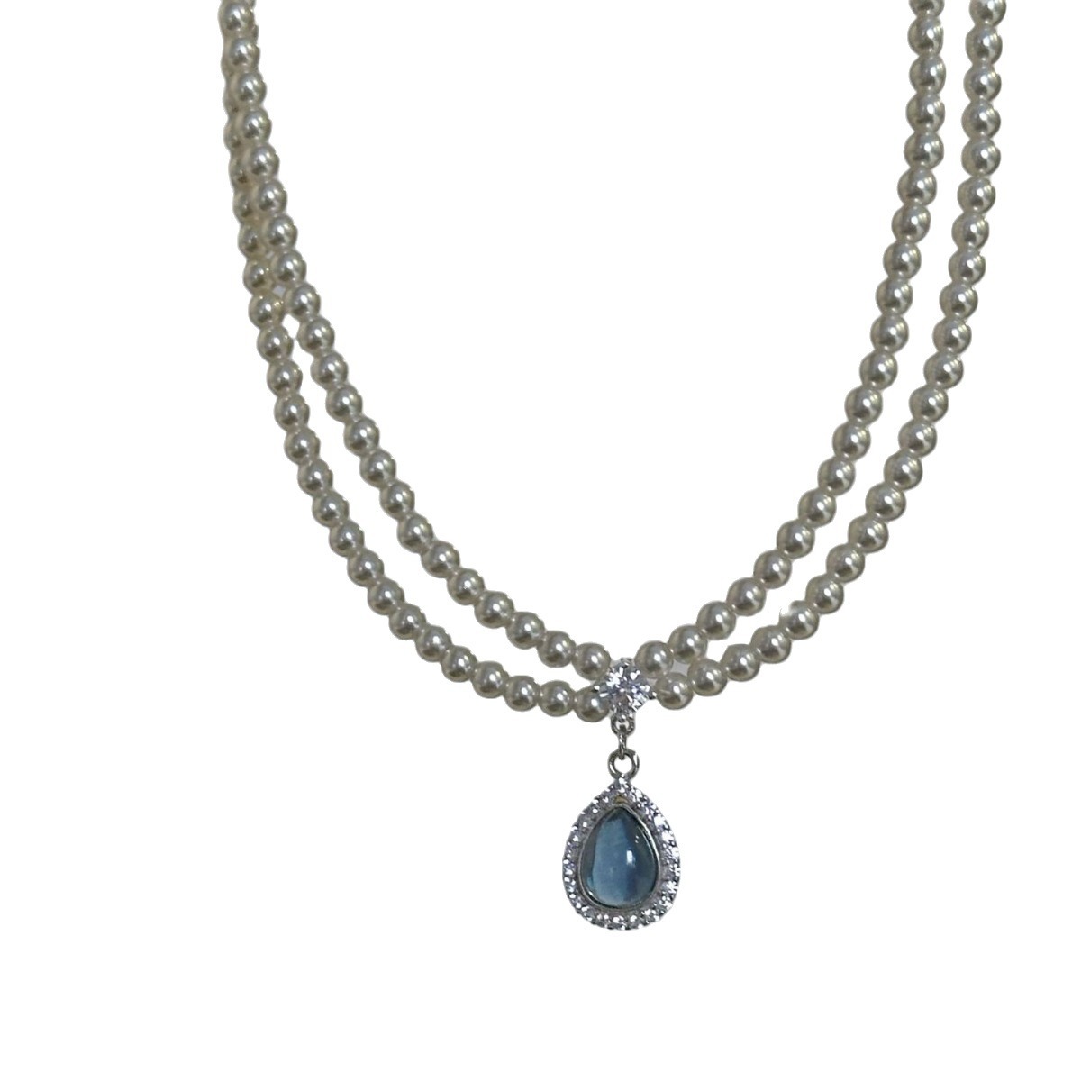 Aquamarine water drop pendant pearl necklace for women, light luxury, retro, individual, fashionable, versatile and color-preserving collarbone chain Item Picture