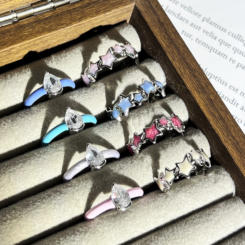 Korean version of stacked teardrop zircon ins cold style ring, dopamine irregular star enamel drip glaze ring for women details Picture