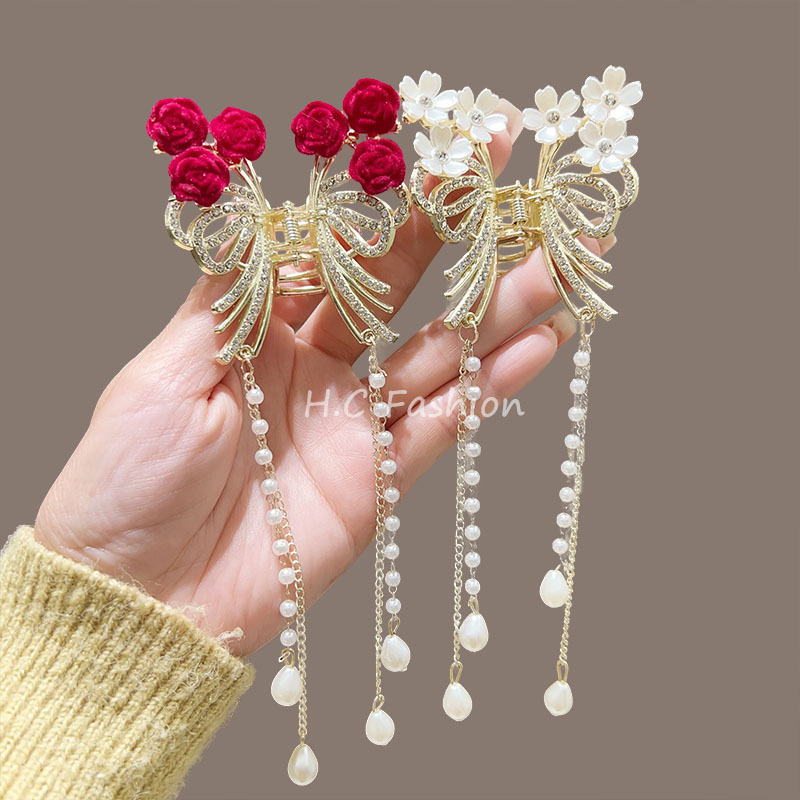 High appearance level rose tassel butterfly grab clip, half-tied hair clip at the back of the Internet celebrity's head, elegant and stylish shark clip headwear full figure