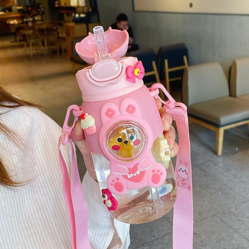 Wholesale of new cartoon summer children's water cups, large-capacity portable sports water cups with straws, anti-drop plastic cups Specification drawing