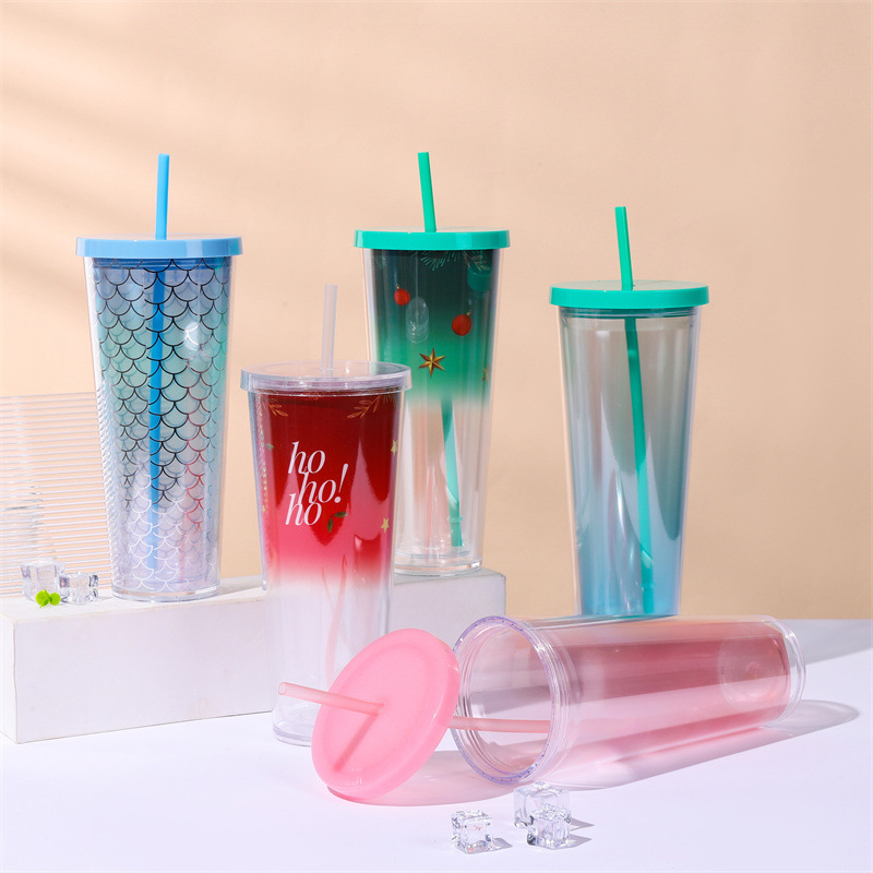 Customized cross-border gradient water cups, straw cups, large-capacity double-layer insulated drinking cups, white-collar commuting straight cups wholesale full figure