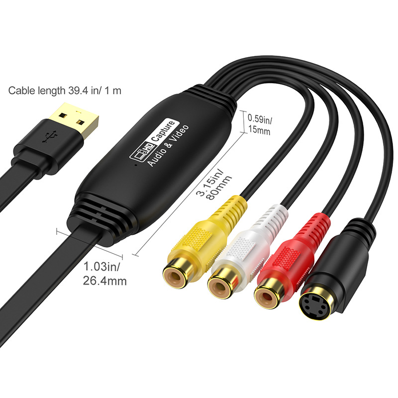 CVBS to USB capture card S-Video+AV signal capture video surveillance data recording and acquisition cable 1080P Specification drawing