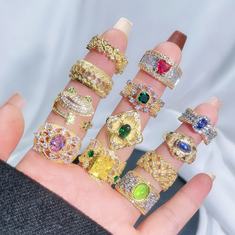 Cross-border colored gemstone retro hollowed-out opening ring for women's Instagram, a niche high-end, light luxury, trendy and versatile food ring Application Scenario