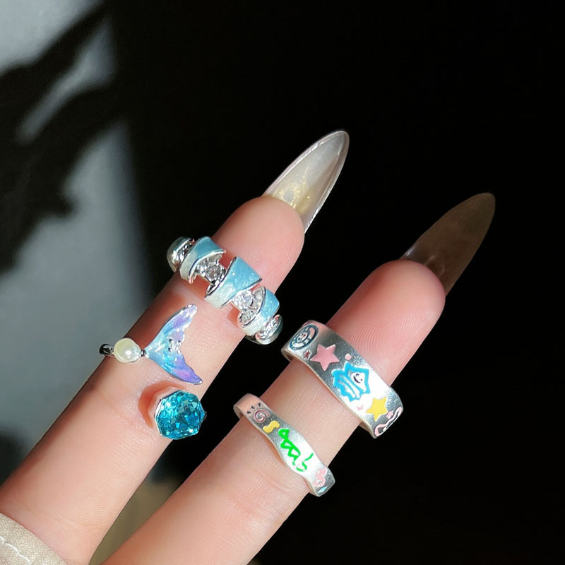 Cute and sweet girl style dopamine graffiti star best friend ring girl color-blocked fishtail personalized design ring details Picture
