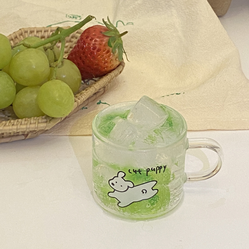 Homemade simple hand-painted cartoon dog glass cups, small mini high borosilicate glass water cups, espresso cups Specification drawing