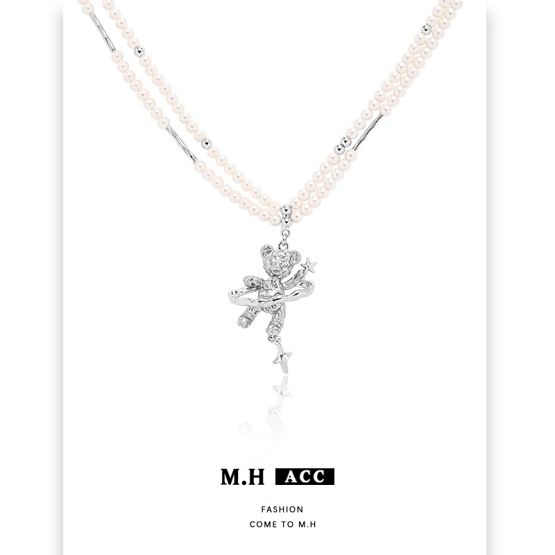 Little Bear Star Pearl necklace for women, light luxury, niche, double-layered collarbone chain, original style, silver fashion pendant trend Specification drawing