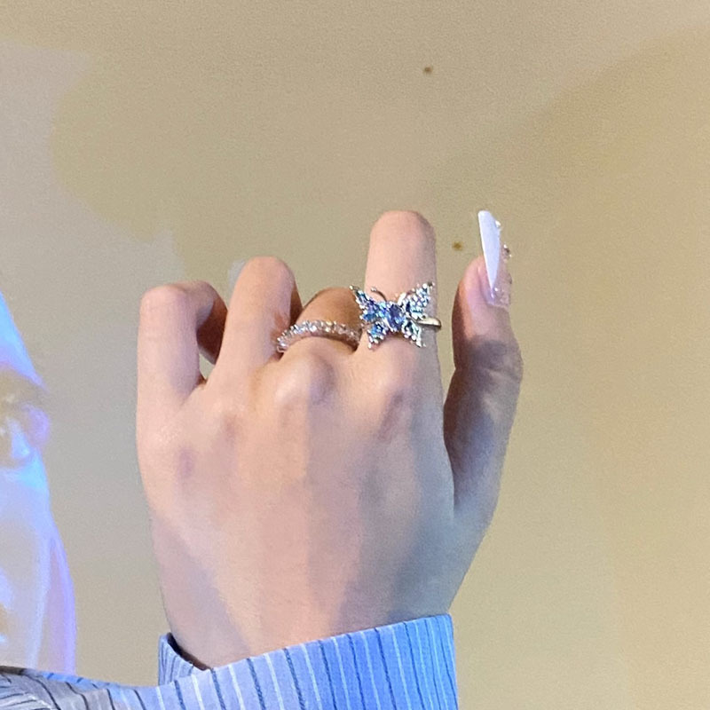 Sweet, cool and fashionable, oil-dripping blue butterfly zircon open ring for women, y2k, cool style, temperament and personality, layered ring full figure