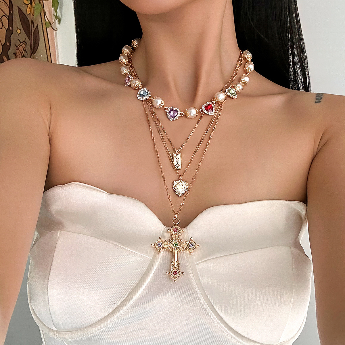 European and American cross-border jewelry, sweet and cool style cross alloy pendant collarbone chain, diamond-encrusted pearl beaded tassel necklace details Picture