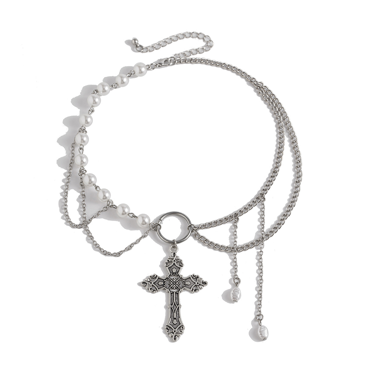 European and American cross-border jewelry, Gothic cross alloy necklace, simple multi-layer crystal tassel collarbone chain for women Item Picture