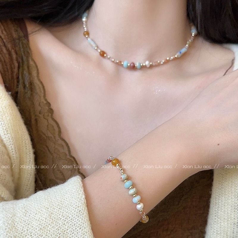 Dopamine rice bead pearl cylindrical beaded necklace, fashionable and elegant, niche collarbone chain, unique and versatile necklace for women details Picture