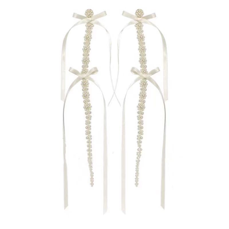 French laid-back white ribbon long tassel earrings, ballet face-enhancing small earrings, spring new style, unique and exaggerated Item Picture