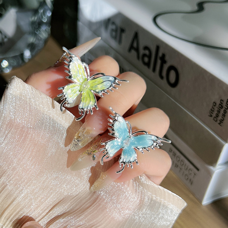 Sweet, cool and cold style gradient enamel unique personality open ring, fashionable liquid butterfly index finger ring trend by female Internet celebrity details Picture