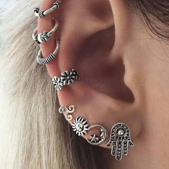 Wholesale of best-selling stud earrings, European and American Bohemian retro sun and moon earrings, eight-piece set of stud earrings Specification drawing